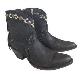 Yippee Ki Yay Old Gringo Black Leather Ankle Boots Fringe & Studded Western 8.5